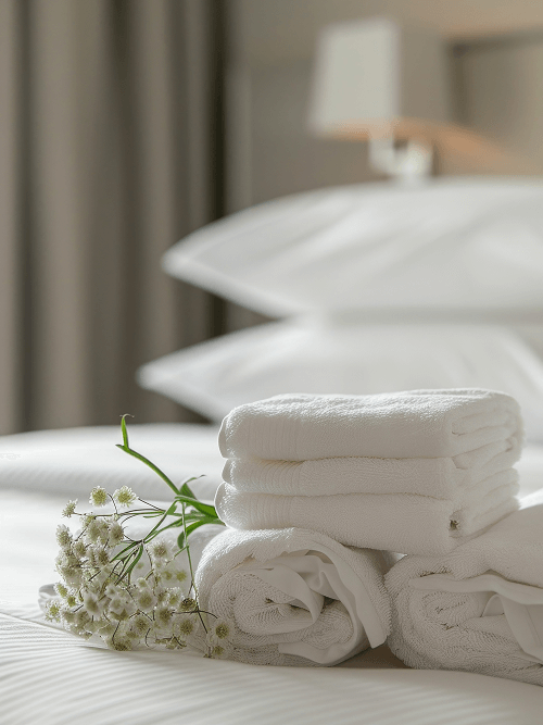 Dormitorio de hostelería con sábanas blancas y toallas