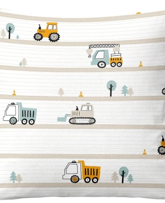 Funda Cojín Infantil Truck 50x50 cm, diseño camiones y excavadoras
