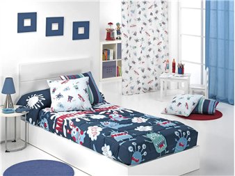 edredon infantil monsters azul en dormitorio con estampado de monstruos cañete