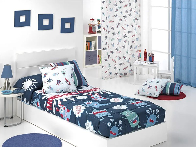 edredon infantil monsters azul en dormitorio con estampado de monstruos cañete
