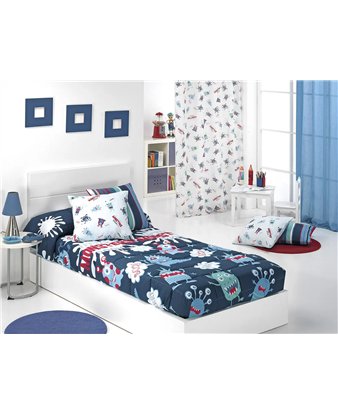 edredon infantil monsters azul en dormitorio con estampado de monstruos cañete