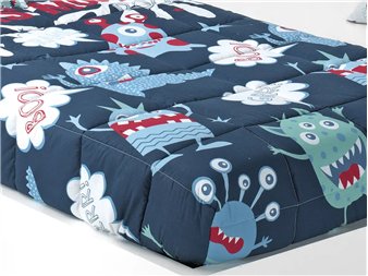 detalle acolchado edredon monsters azul con monstruos tipo comic cañete