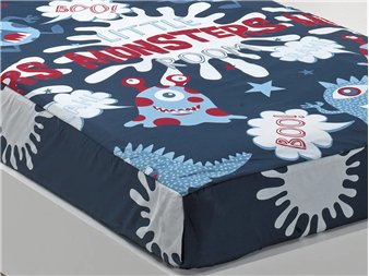 detalle sacolit monsters azul con ajuste en pie de cama cañete