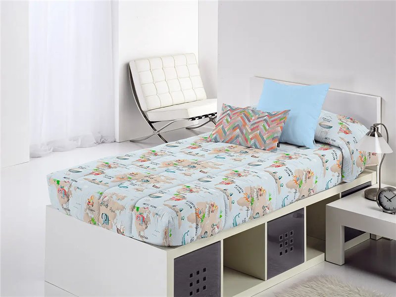 edredon ajustable mondo viaje infantil azul celeste canete