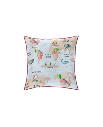 funda cojin mondo infantil estampado viajero azul celeste canete