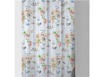 detalle cortina mondo viaje estampado infantil con animales canete